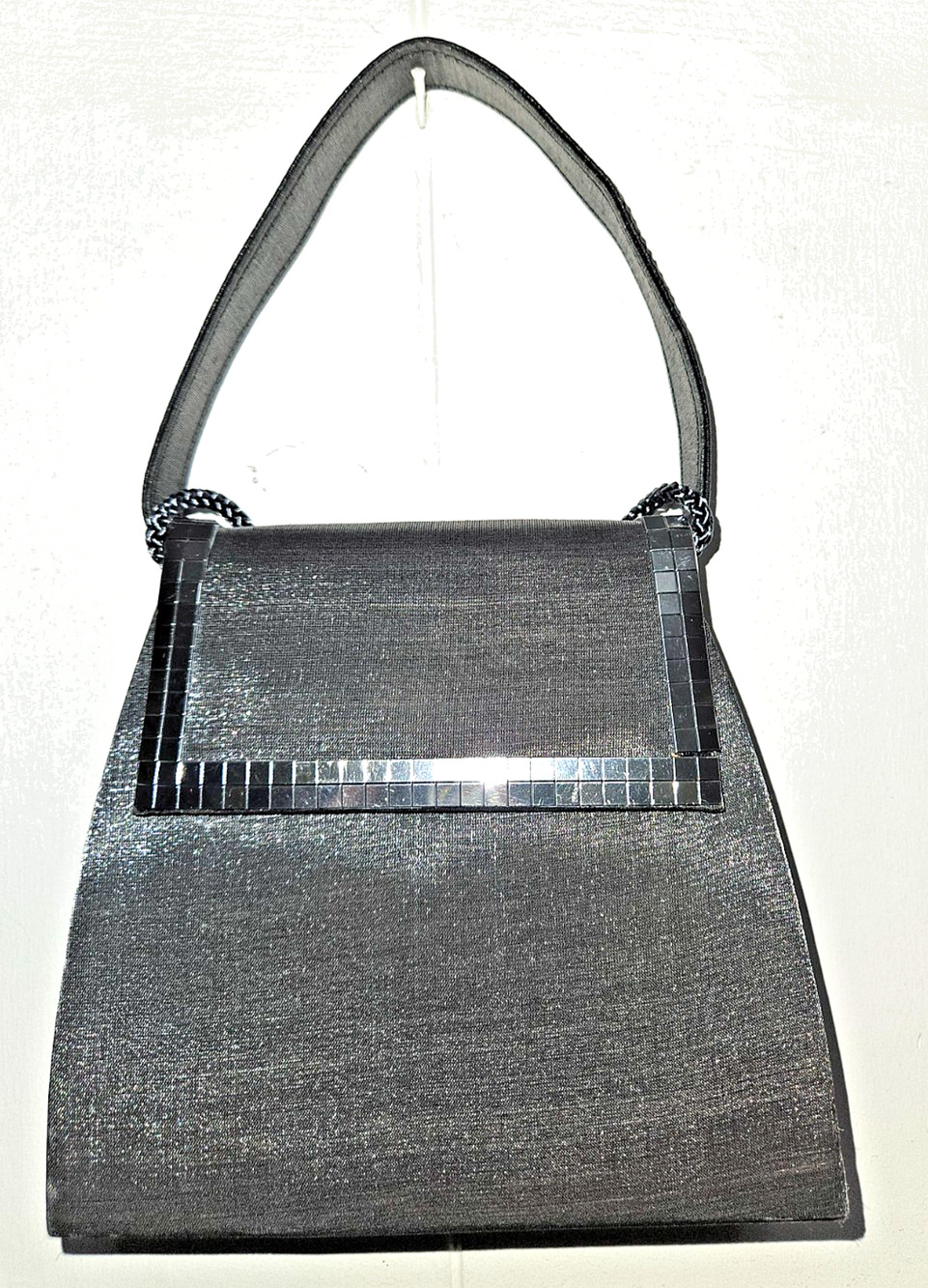 Gray Satin Formal Clutch Purse Metallic Mirror Applique Shoulder Strap EUC